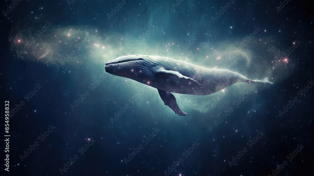 Aufkleber surreal art design of a whale floating in space with a cosmic background. aig35.
