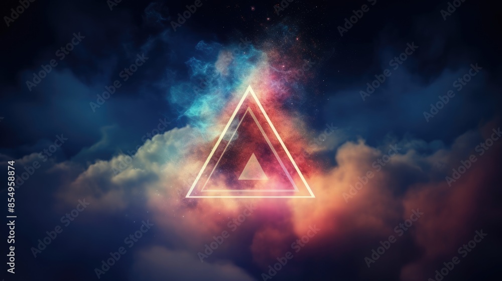 Poster triangle portal with clouds and cosmic backdrop. surreal digital art. aig35.