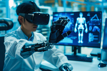 Scientist examining robotic hand beside computer