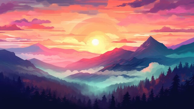 Digital painting of a mountainous landscape during a vibrant sunset. AIG35.