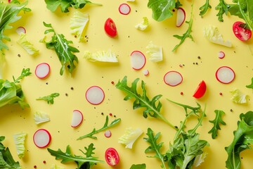 Vivid salad ingredients display on yellow backdrop in high quality image capture