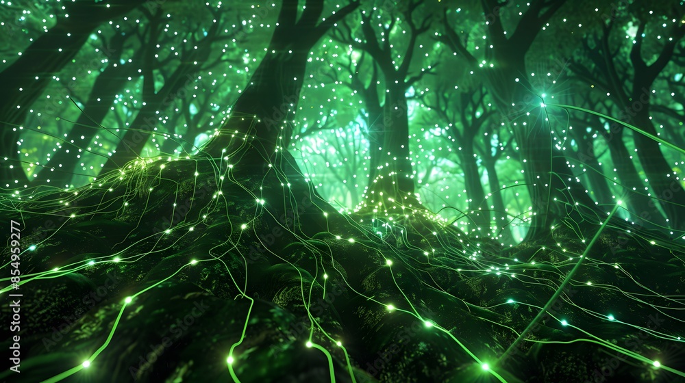 Aufkleber a green blockchain network visualized as a forest, with strange, glowing roots connecting the trees