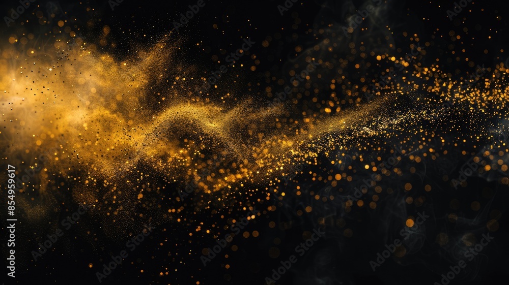 Poster digital image of golden glitter scattering around black background. aig53f..