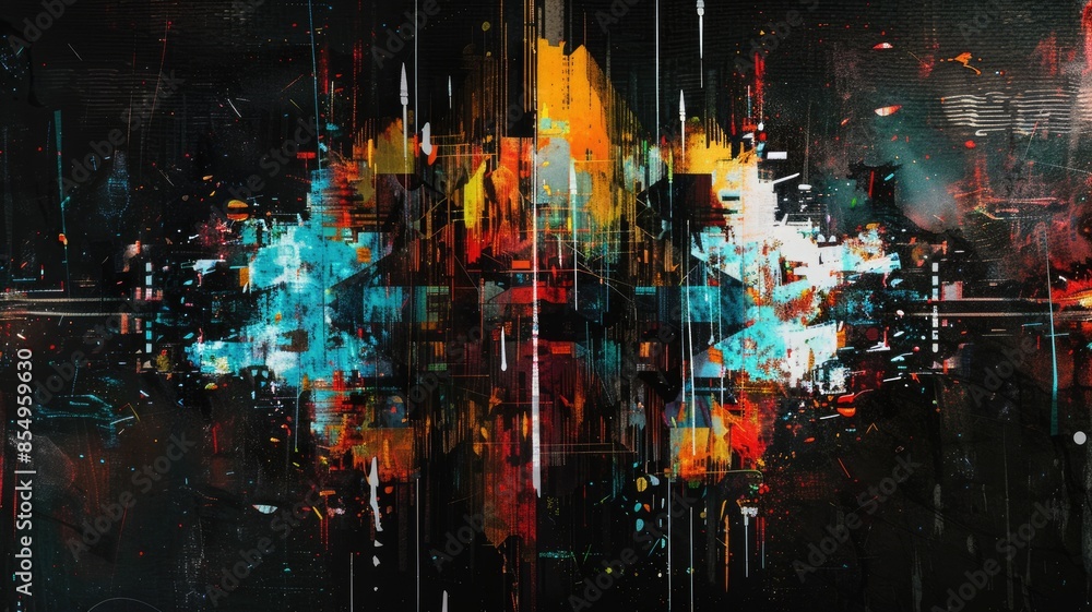 Poster abstract colorful digital painting with geometric shapes and splashes . aig53f.