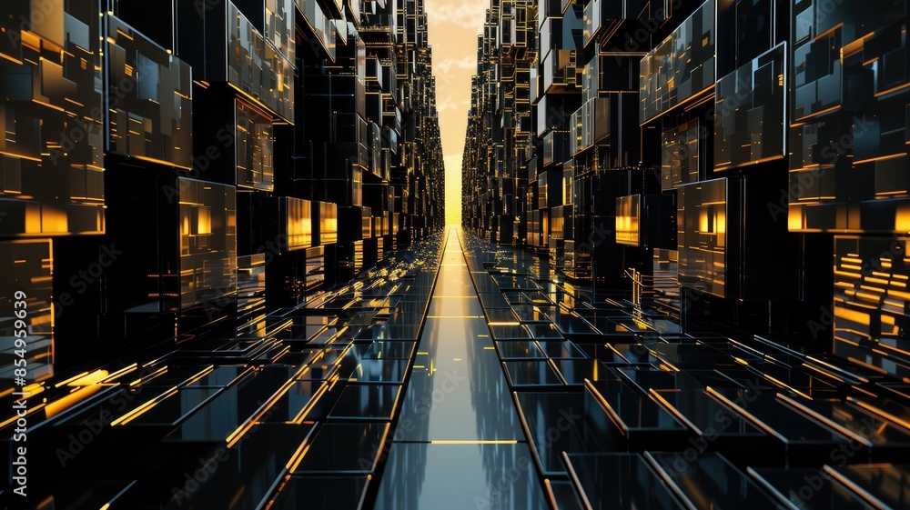 Poster abstract art of digital cityscape with golden light and grid structures. aig53f.