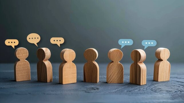 Wooden figurines in separate clusters, accompanied by speech bubbles, depict engaging discussions and collaborative interaction between distinct groups.
