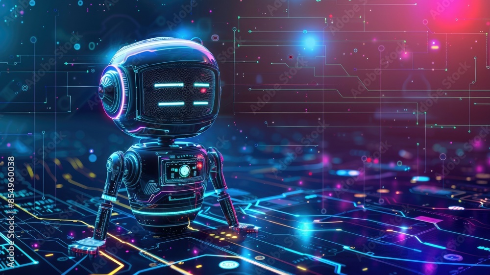 Aufkleber ai network with robot, data connections, focused on digital innovation and automation in the future.