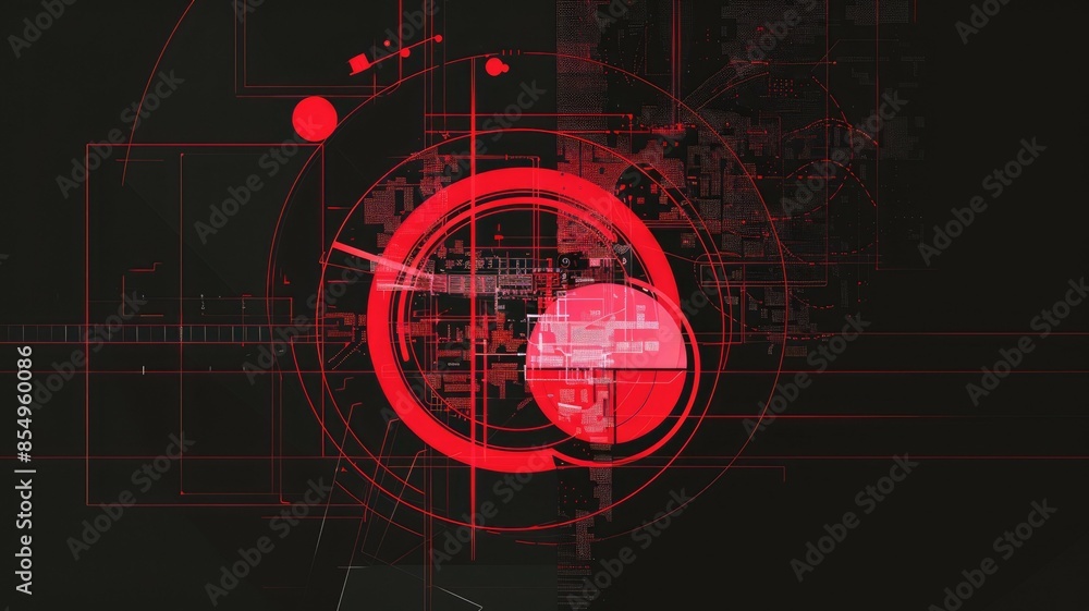 Poster the artwork features vibrant red abstract shapes resembling planets set against a dark backdrop. aig
