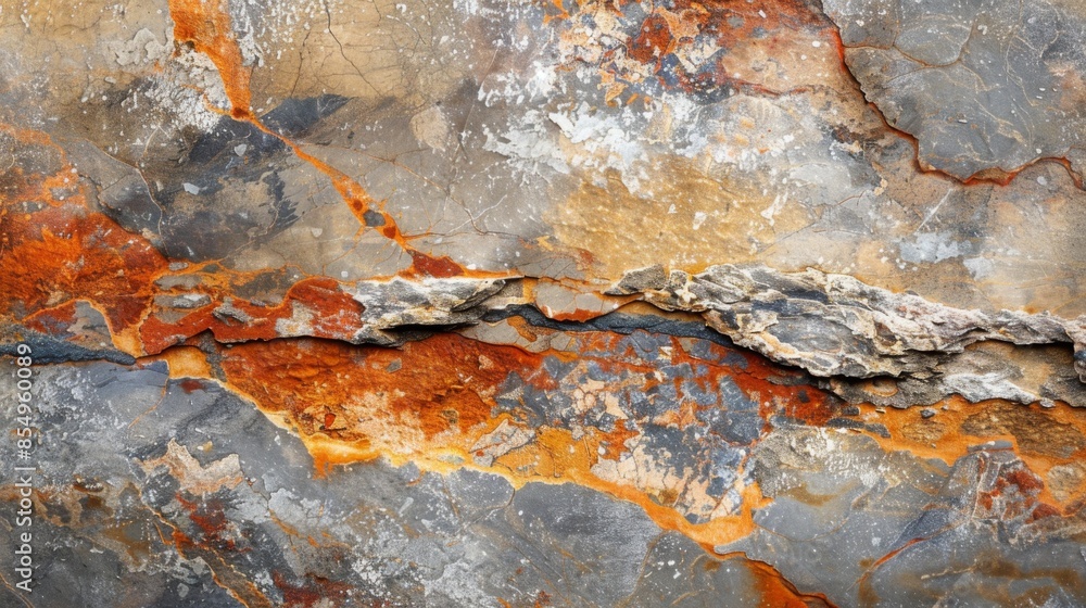 Poster a large rock with a lot of rust and cracks