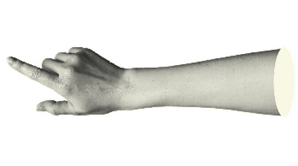 Collage halftone elements with pointing hands and doodle buttons. Fingers gesture touch, click, tap. Cut out shapes. Modern vintage trendy design object isolated on white. Vector illustration.