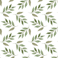 Watercolor green leaves, seamless pattern on a white background. Botanical illustration for wedding Invitation, thank you, greeting card, fabric, textiles, wallpaper, prints, scrap paper, cover.
