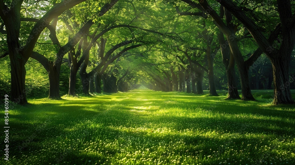 Poster background image of sunlight filtering through trees in a lush forest. aigt2.