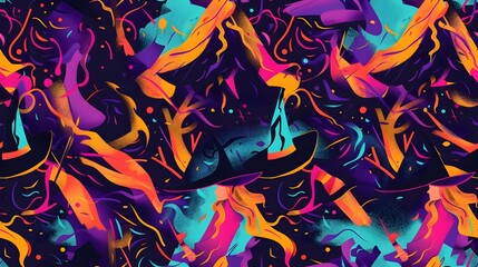 Naklejka premium Mesmerizing Witches Casting Spells Amidst Graffiti Textured Supernatural Backdrop with Vibrant Otherworldly Essence