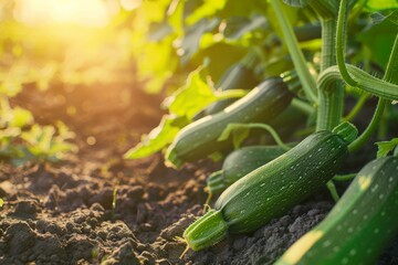 Obraz premium A plantation teems with zucchinis, their green bodies nestled among thick foliage, growing vigorously and ready for harvest