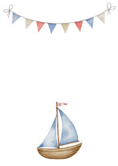 Watercolor Sailboat and Bunting Garland for Baby shower greeting cards or childish birthday invitations. Template with sailing Boat in blue and beige pastel colors. Drawing of ship and pennants