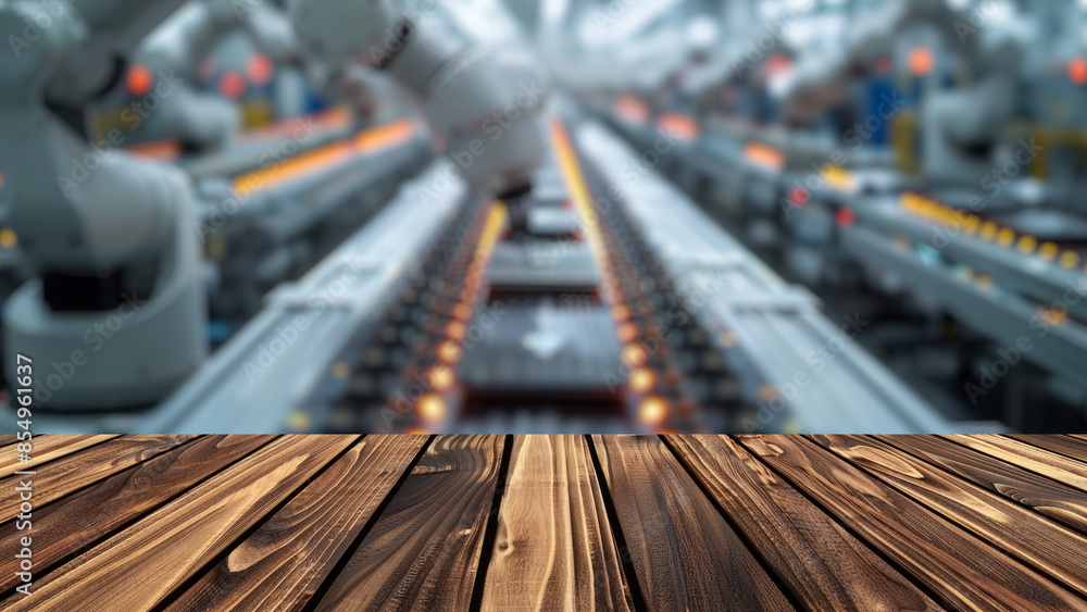 Aufkleber empty wood table top with blur background of factory with robotic arms.