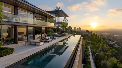 Obraz premium A stunning modern home in Beverly Hills, with large windows and glass doors overlooking the city of Los Angeles at sunset. There is an infinity pool on one side of it and outdoor seating around the ed