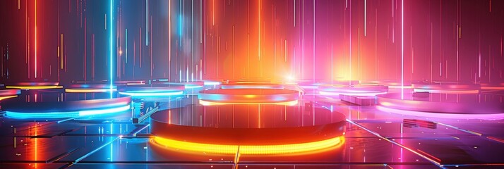 Podium background 3D light tech stage future platform game abstract, photorealistic, high-resolution image, Close-up, mix color