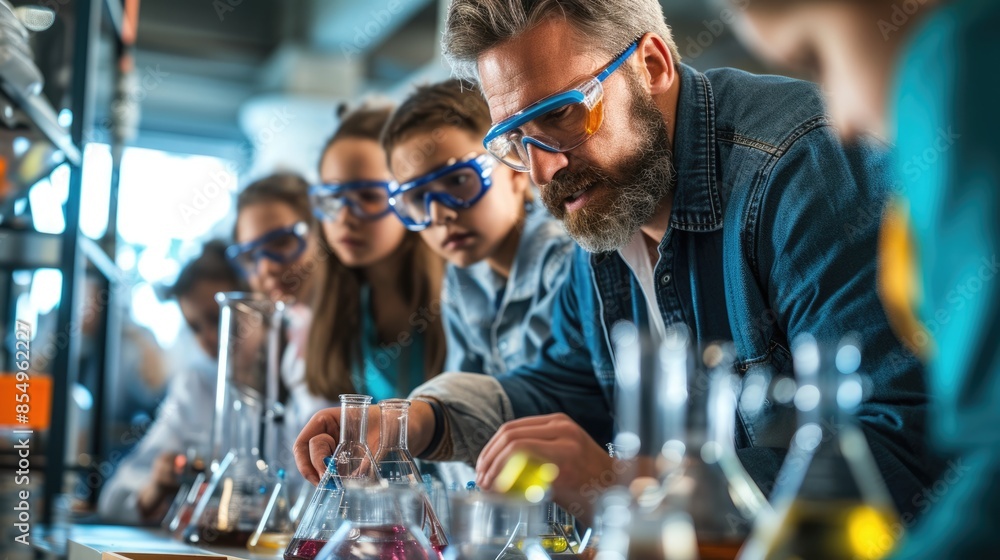 Poster a group of children are doing a science experiment in a lab aig41
