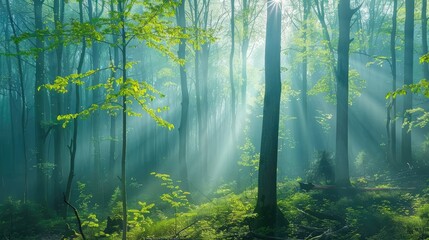 Obraz premium Beautiful nature at morning in the misty spring forest with sun