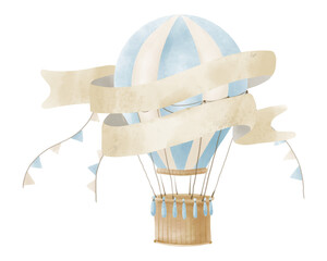 Blue hot air Balloon with ribbon for text. Watercolor illustration for kid birthday party. Hand drawn template for baby newborn invitation or greeting cards. Drawing for postcard in pastel colors. © Alisles