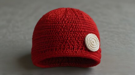 Red Crocheted Baby Cap with Brim Folded Up.generative.ai