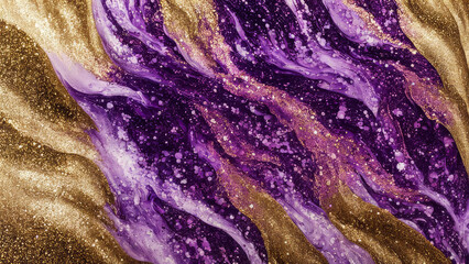 Obraz premium Glitter fluid with shiny gloss, blending purple, black, and white colors. Shimmering metallic gold particles and translucent paint create a liquid ink water flow on an abstract art background