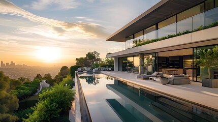 Fototapeta premium A stunning modern home in Beverly Hills, with large windows and glass doors overlooking the city of Los Angeles at sunset. There is an infinity pool on one side of it and outdoor seating around the ed