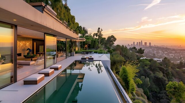A stunning modern home in Beverly Hills, with large windows and glass doors overlooking the city of Los Angeles at sunset. There is an infinity pool on one side of it and outdoor seating around the ed