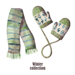 Cozy winter wardrobe illustration set with mittens, socks and boots. Watercolor illustration cold season clipart on white