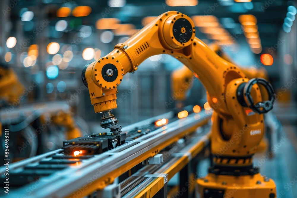 Aufkleber advanced yellow robotic arm performing tasks on an assembly line in a modern industrial setting