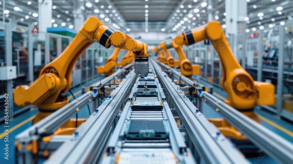Fototapete Advanced yellow robotic arm performing tasks on an assembly line in a modern industrial setting