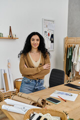 A young woman in casual attire stands before a wooden table, engaged in upcycling her clothes.