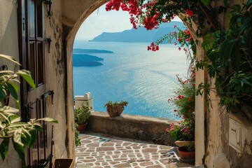 Fototapeta premium View of the sea from the house through the arch, Santorini island, Greece.