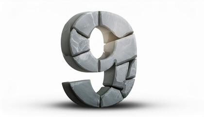 Number 9 made of gray stone isolated on white background. 3D rendering.