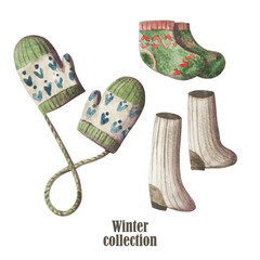 Cozy winter wardrobe illustration set with mittens, socks and boots. Watercolor illustration clipart on white