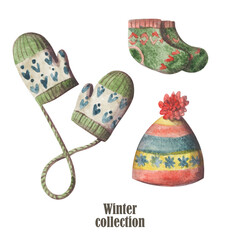 Cozy winter and autumn wardrobe illustration set with mittens, socks and hat. Watercolor illustration clipart on white