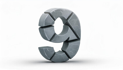 Number 9 made of gray stone isolated on white background. 3D rendering.