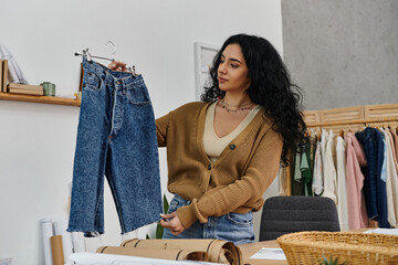 A young woman examines a pair of jeans, exploring sustainable fashion choices.