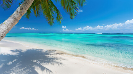 A beautiful beach with a palm tree in the foreground