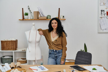 Creative woman upgrades clothing with mannequin.
