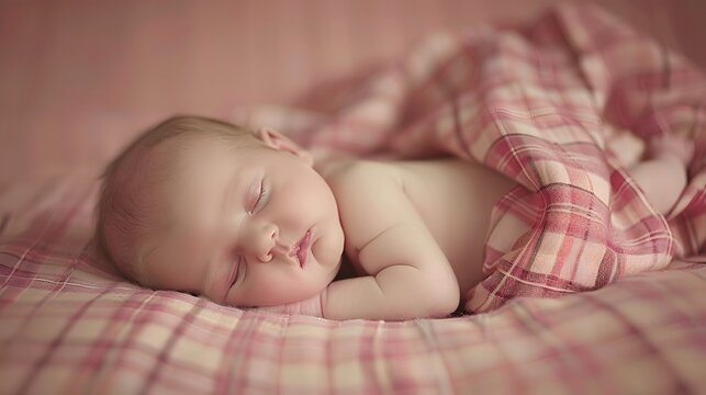 Cute Caucasian newborn infant baby girl asleep wrapped in a soft pink plaid. Adorable newborn baby girl portrait studio stock image
