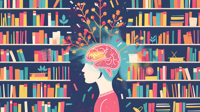 An illustration of a library with books representing different aspects of intelligence and emotional wisdom, illustration.


