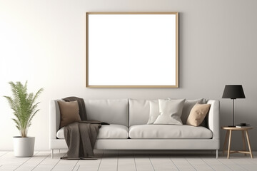 Blank picture frame in living room wall Modern interior design, morning light from windows