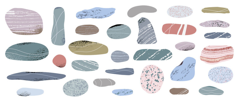 Set of pebble stones of various shapes, sizes, colors. Vector illustration on white isolated background in flat style.