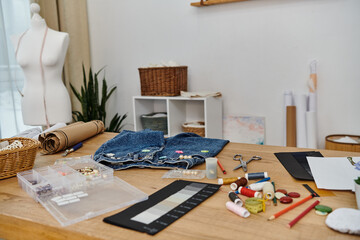 Wooden table covered in crafting supplies for upcycling clothes.