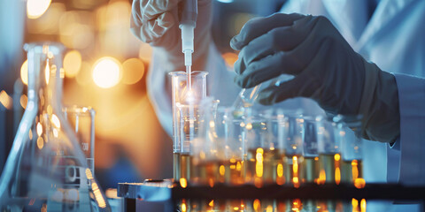 Industrial scene with sparks from welding contrasting a science lab with beakers filled with colorful liquid