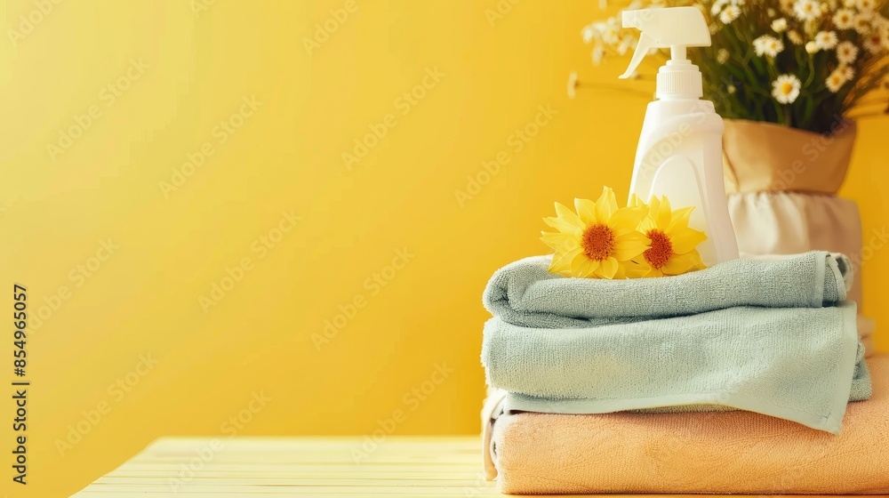 Poster laundry day setup with detergent and towels on indoor table text space