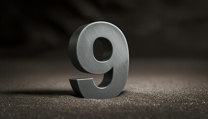 Number 9 made of gray stone isolated with shadow over dark sand.