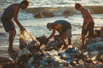Garbage litters a sea beach, activists unite in passionate cleanup efforts, dedicated to preserving marine ecosystems against the backdrop of a pristine shoreline and setting sun